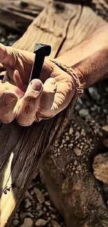 Rustic hand holding a nail on wood surface.