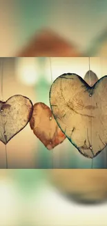 Rustic wooden hearts hanging decor wallpaper.