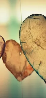 Rustic wooden heart-shaped decorations hanging in a soft-focus background.