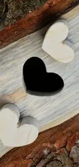 Rustic wooden heart cutout design wallpaper with natural textures.