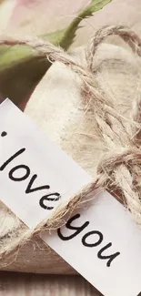 Rustic heart with 'I love you' note tied with twine.