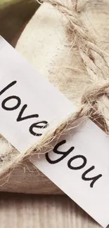 Rustic heart with 'I love you' note tied in twine.