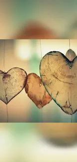 Hanging wooden hearts with rustic charm on a mobile wallpaper.