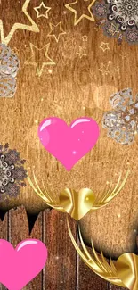 Rustic wooden wallpaper with vibrant pink hearts and gold stars.