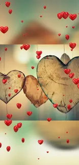 Rustic heart and red floating hearts wallpaper.