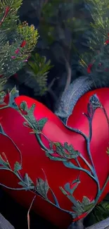 Red heart intertwined with greenery in nature-themed wallpaper.