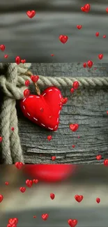 Rustic charm wallpaper with a red heart on rope.