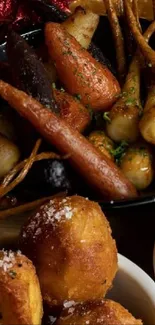 A festive display of rustic holiday food with vegetables in bowls.