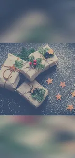 Rustic Christmas gifts decorated with pine and berries on a snowy background.