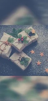 Rustic wrapped gifts with stars and pine on dark background.