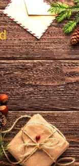 Rustic holiday-themed wallpaper with wood, gift, and greenery accents.