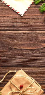 Rustic holiday wallpaper with wood and festive decor.