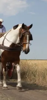 Horse pulling cart through countryside road.