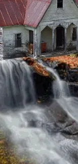 Rustic house with waterfall in autumn setting