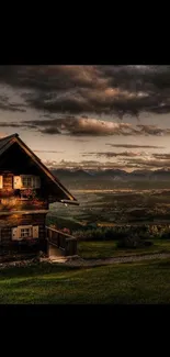 Rustic house at sunset in scenic countryside.