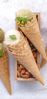 Rustic ice cream cones with nuts on a textured surface.