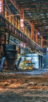 Rusty industrial factory scene with large metal structures and vibrant colors.