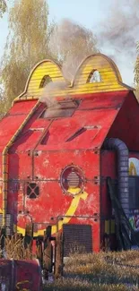 Red industrial hut in a rural setting with golden grass.