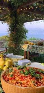 Rustic Italian dining scene with pasta and greenery.