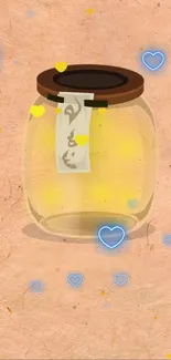 Mobile wallpaper with a jar and glowing hearts on a peach background.