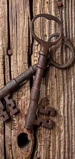 Two rustic iron keys on a wooden surface