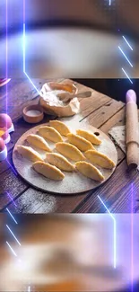 Rustic kitchen scene with pasta and rolling pin on wooden table.