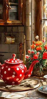 Polka dot teapot with flowers by a window in a rustic kitchen.