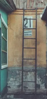 Rustic ladder against a vintage teal wall.