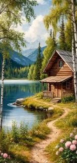 Rustic cabin by a tranquil lake surrounded by nature.