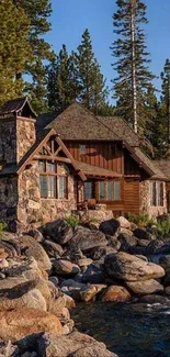 Rustic cabin by lake with rocks and pine trees, perfect for nature lovers.