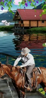 Cowboy on horseback beside a peaceful lake with rustic cabin and mountain vista.