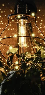 Rustic lamp with glowing leaves on wall.