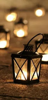 Glowing lanterns on a rustic stone surface, creating a warm, cozy ambiance.