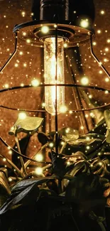 Rustic lantern glows amidst greenery with star-like specks creating a cozy ambiance.