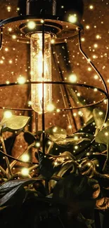 Rustic lantern with warm glow and golden sparkles in leafy backdrop.