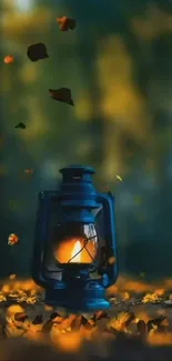 Rustic lantern surrounded by autumn leaves.