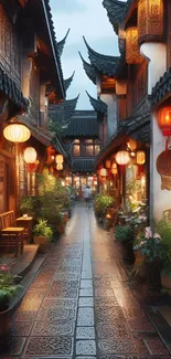 Traditional street with lanterns during night.