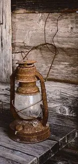 Rustic lantern on a wooden table with a weathered backdrop.