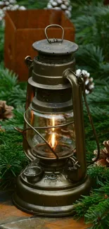 Rustic lantern among green pine branches and cones.