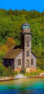 Rustic lighthouse surrounded by lush greenery on serene waters.