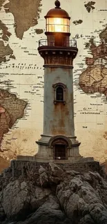 Lighthouse set against a vintage world map, offering a nautical theme.