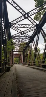 Rustic metal bridge with wooden path surrounded by greenery.