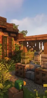 Minecraft scene with rustic house and garden.