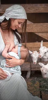 Mother nursing baby in a rustic setting with goats nearby.