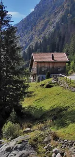 Rustic cabin amidst lush mountains, serene view.