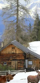 Rustic mountain cabin with a fox and deer in snowy scenery.