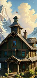 A rustic wooden house set against majestic mountains and clear blue skies.