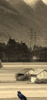 Rustic sepia mountain landscape wallpaper with rural charm and nature view.