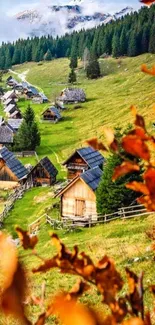 Rustic mountain village surrounded by nature and autumn foliage.