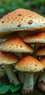 A cluster of golden mushrooms in a lush forest setting.